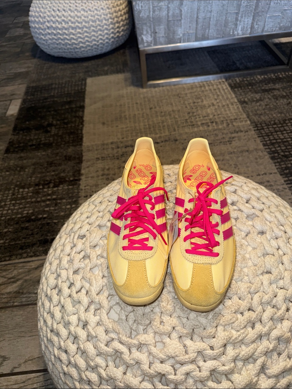 adidas Women's Retro Yellow Sneaker with Pink Accents. NWOB